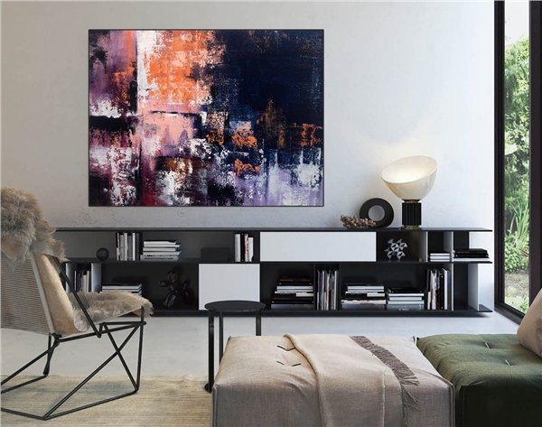 Lacivert Mor ve Turuncu Siparişe Özel Soyut Yağlı Boya Tablo