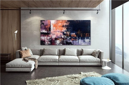 Lacivert Mor ve Turuncu Siparişe Özel Soyut Yağlı Boya Tablo