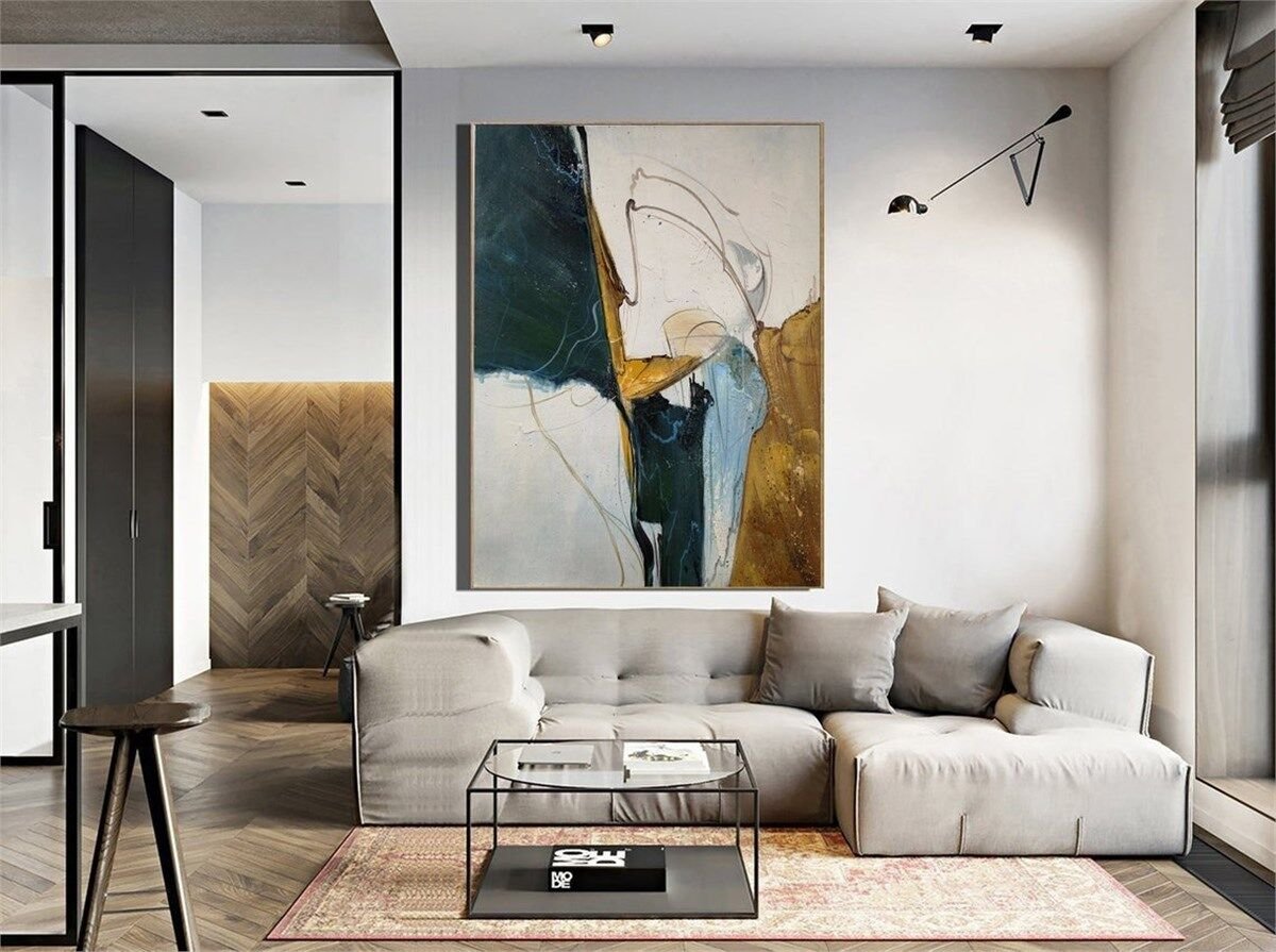 Bej Yeşil Minimalist Siparişe Özel Soyut Yağlı Boya Tablo