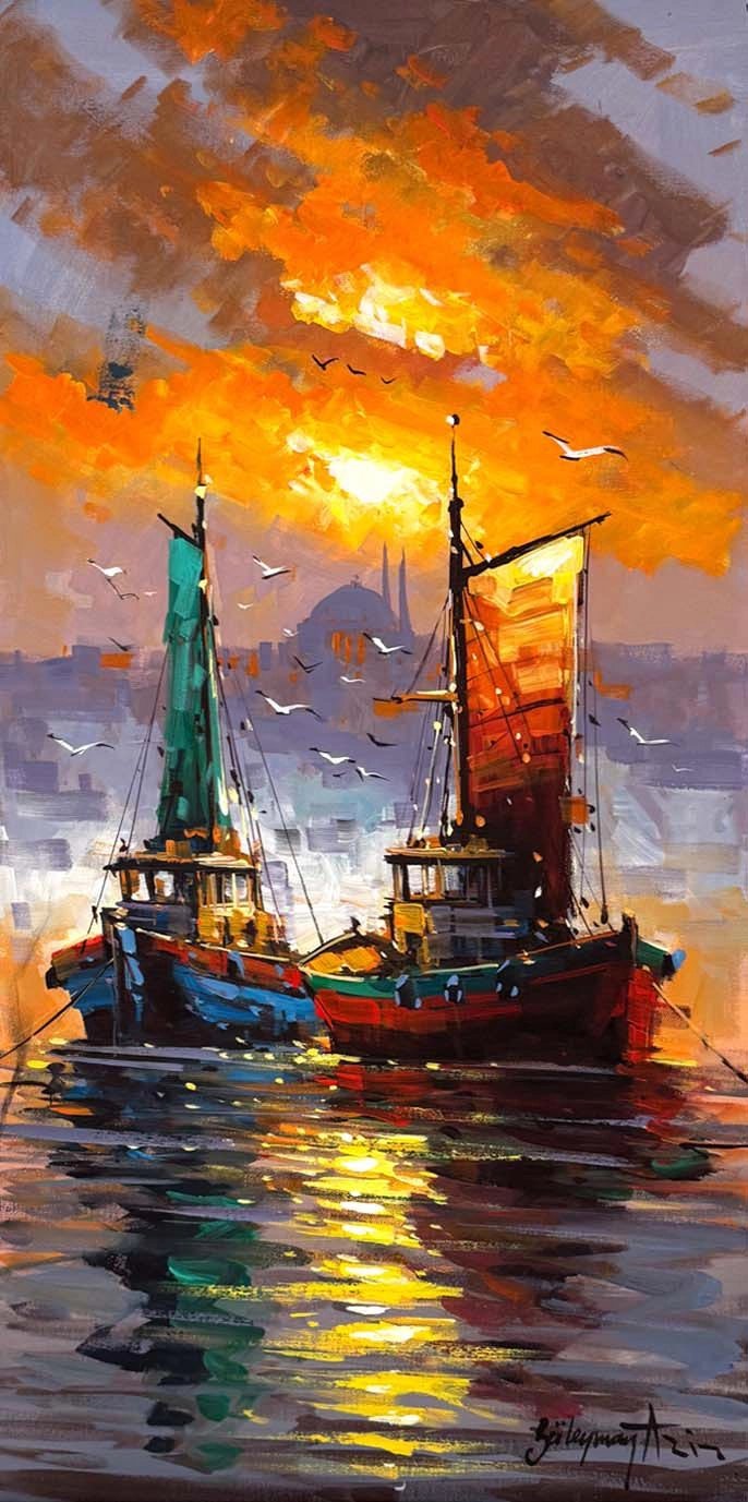 油彩画　李松子（Lee Song Ja) Altın Saatte Yelkenler Yağlı Boya Tablosu | Simurg Sanatevi