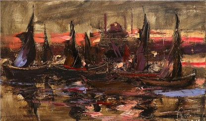 Günbatımında Kayık Esintisi Yağlı Boya Tablosu