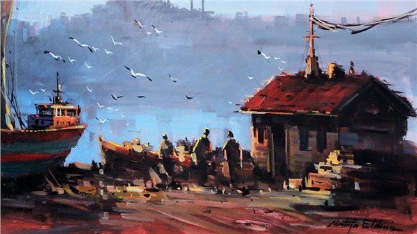 İstanbul'un Balıkçıları Yağlı Boya Tablosu