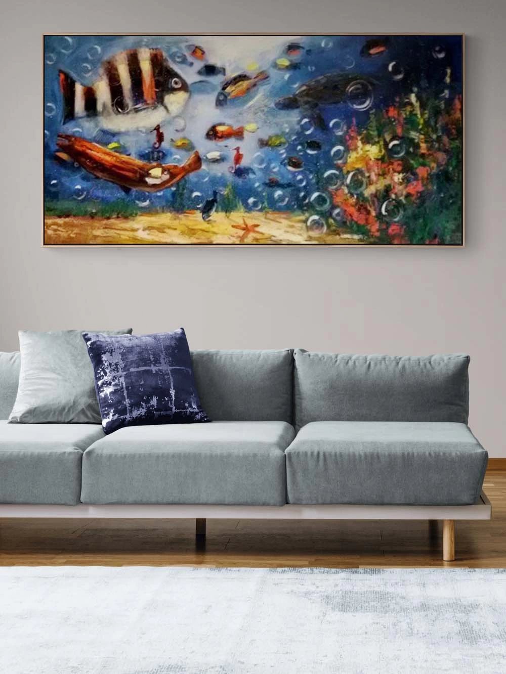Balıkların Mavi Dünyası Yağlı Boya Tablosu