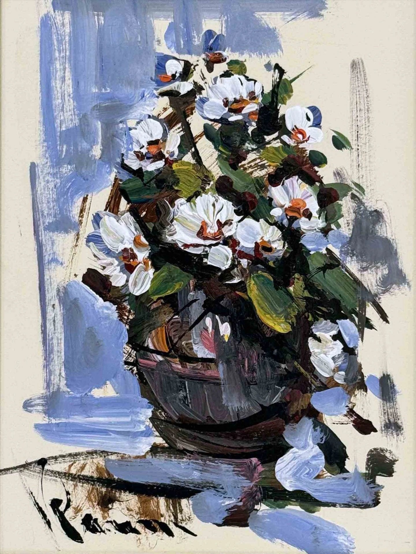 Beyaz Çiçekli Vazo Yağlı Boya Tablosu