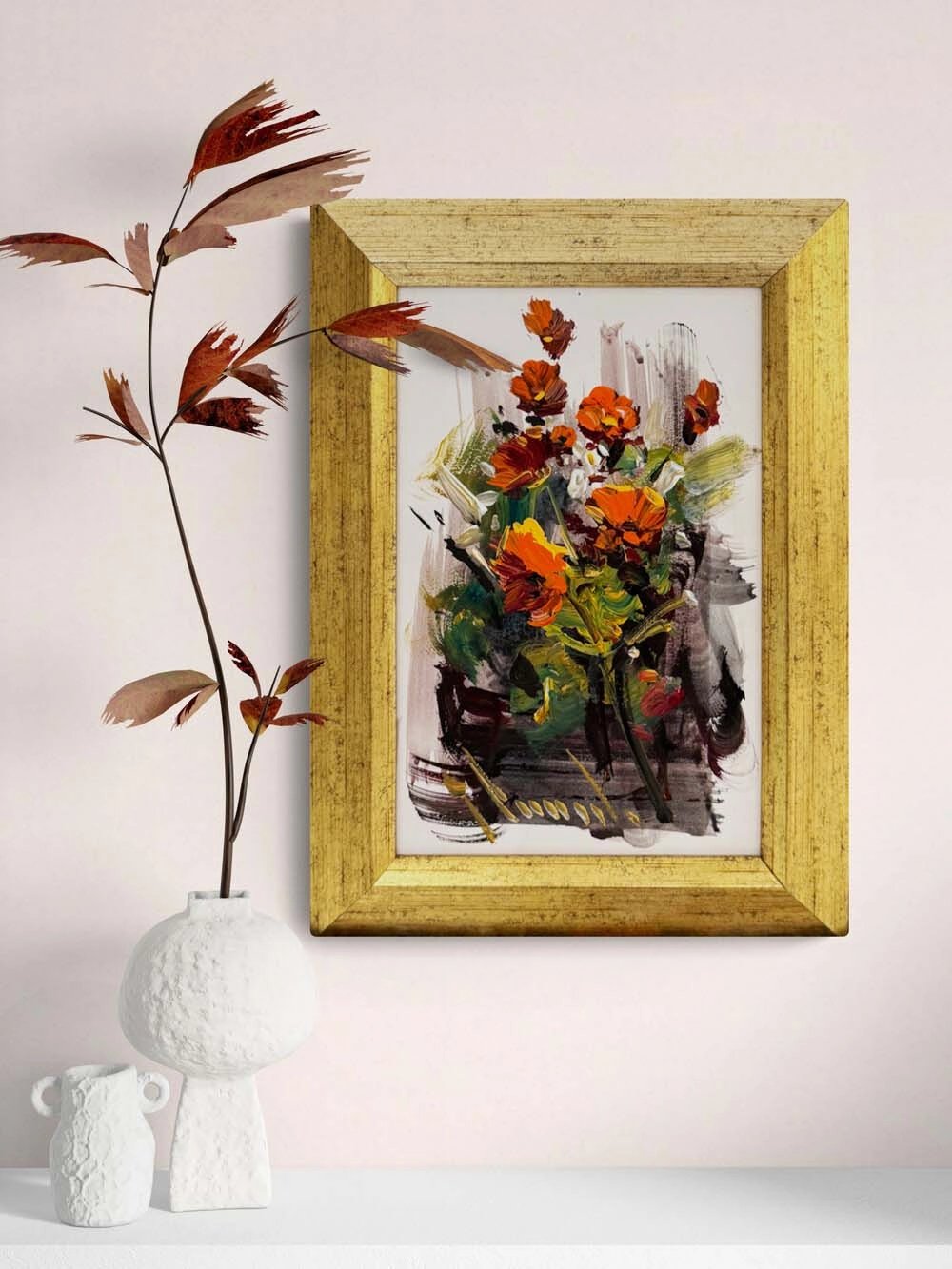 Beyazda Açan Çiçekler Yağlı Boya Tablosu