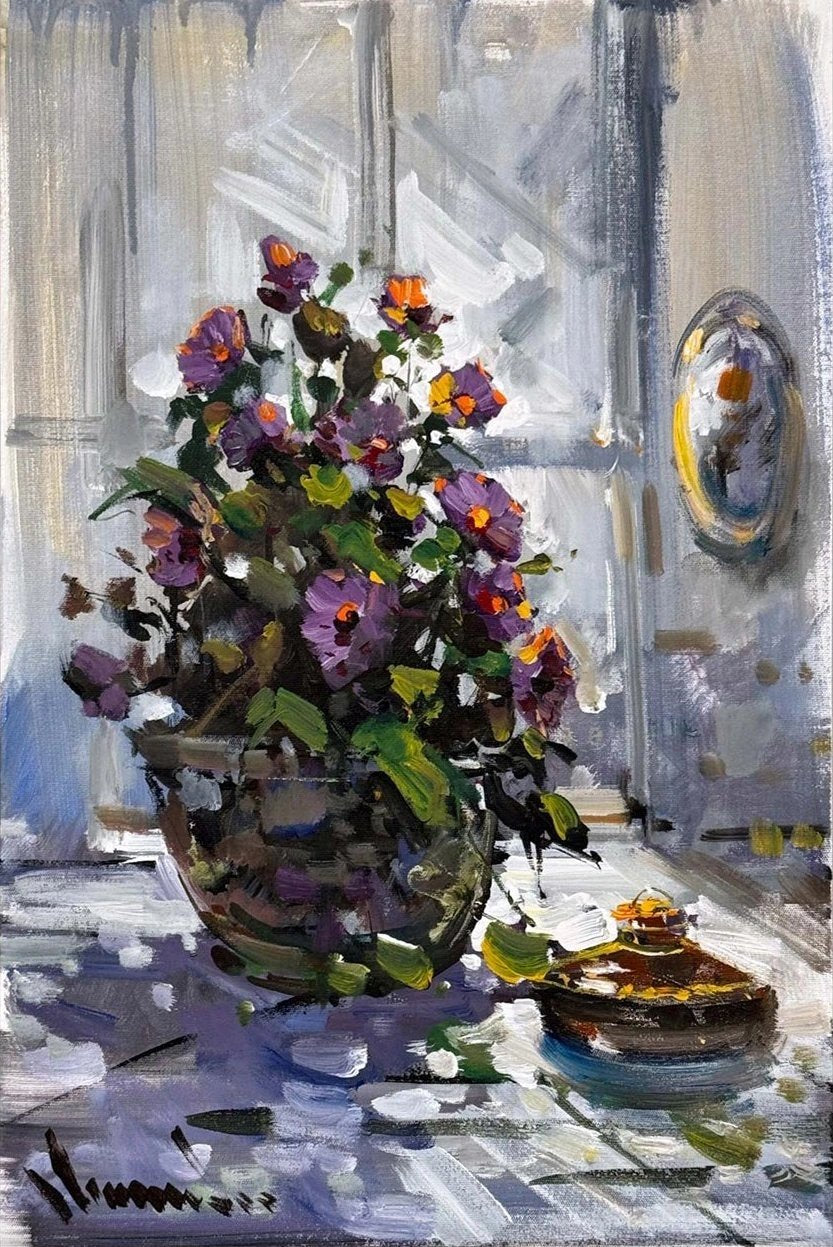 Bir Vazoda Çiçekler Yağlı Boya Tablosu
