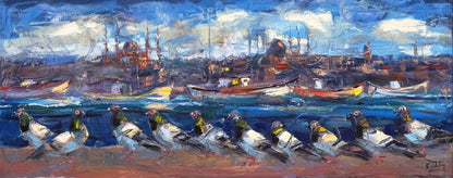 Boğazın Bekçisi Güvercinler Yağlı Boya Tablosu