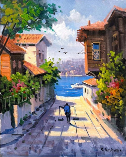Boğazın Kıyısında Sokaklar Yağlı Boya Tablosu