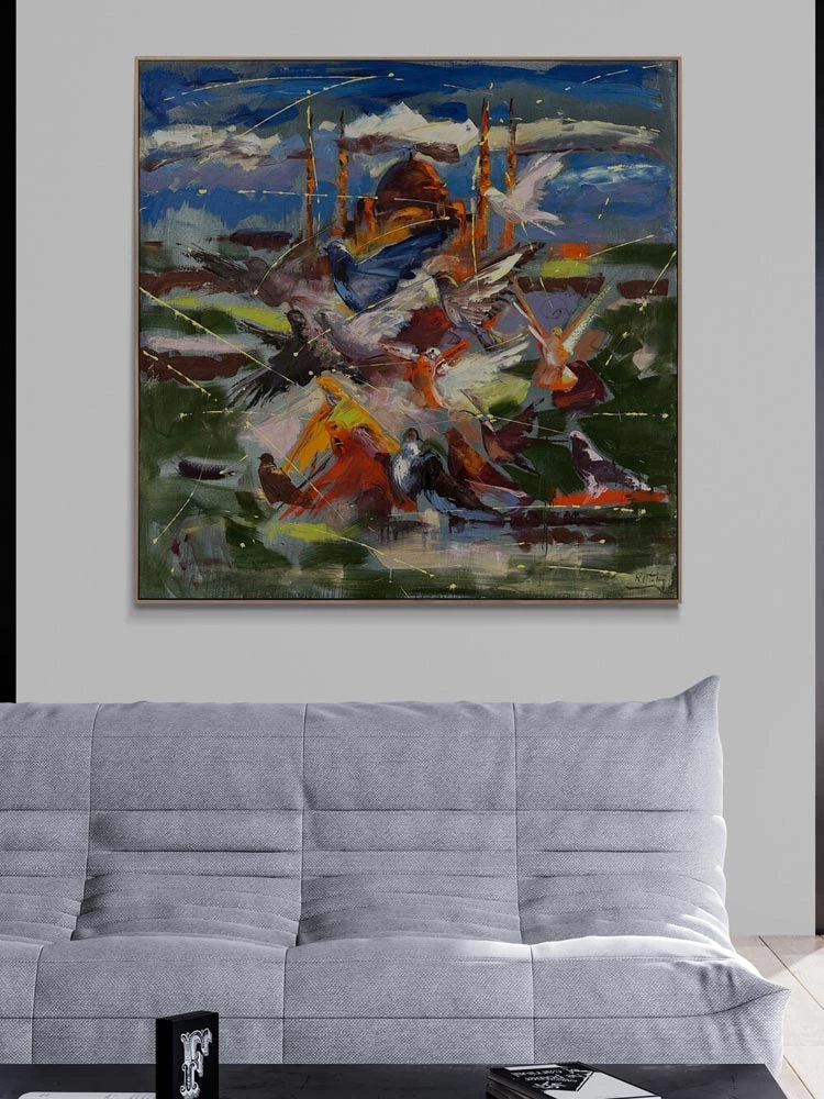 Camiye Doğru Kanatlar Yağlı Boya Tablosu