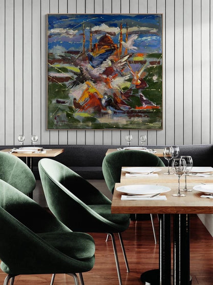 Camiye Doğru Kanatlar Yağlı Boya Tablosu