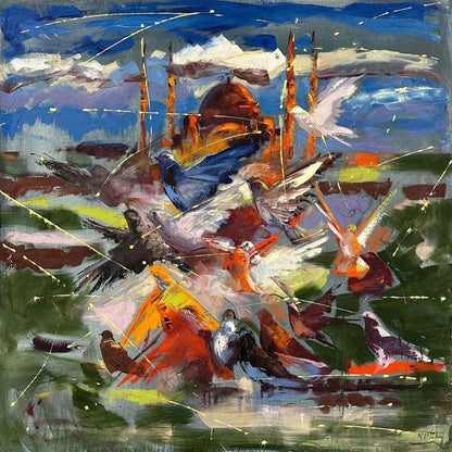 Camiye Doğru Kanatlar Yağlı Boya Tablosu