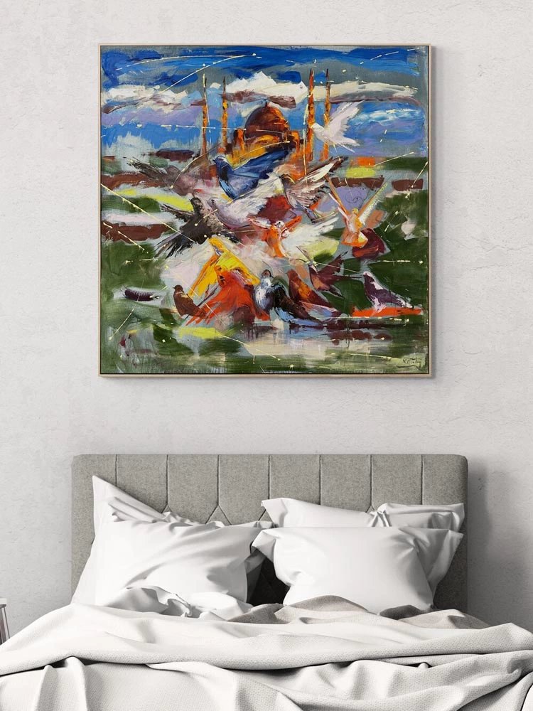 Camiye Doğru Kanatlar Yağlı Boya Tablosu