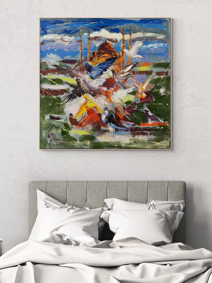 Camiye Doğru Kanatlar Yağlı Boya Tablosu