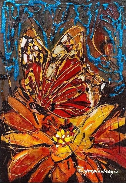 Çiçek Kalbinde Kelebek Yağlı Boya Tablosu