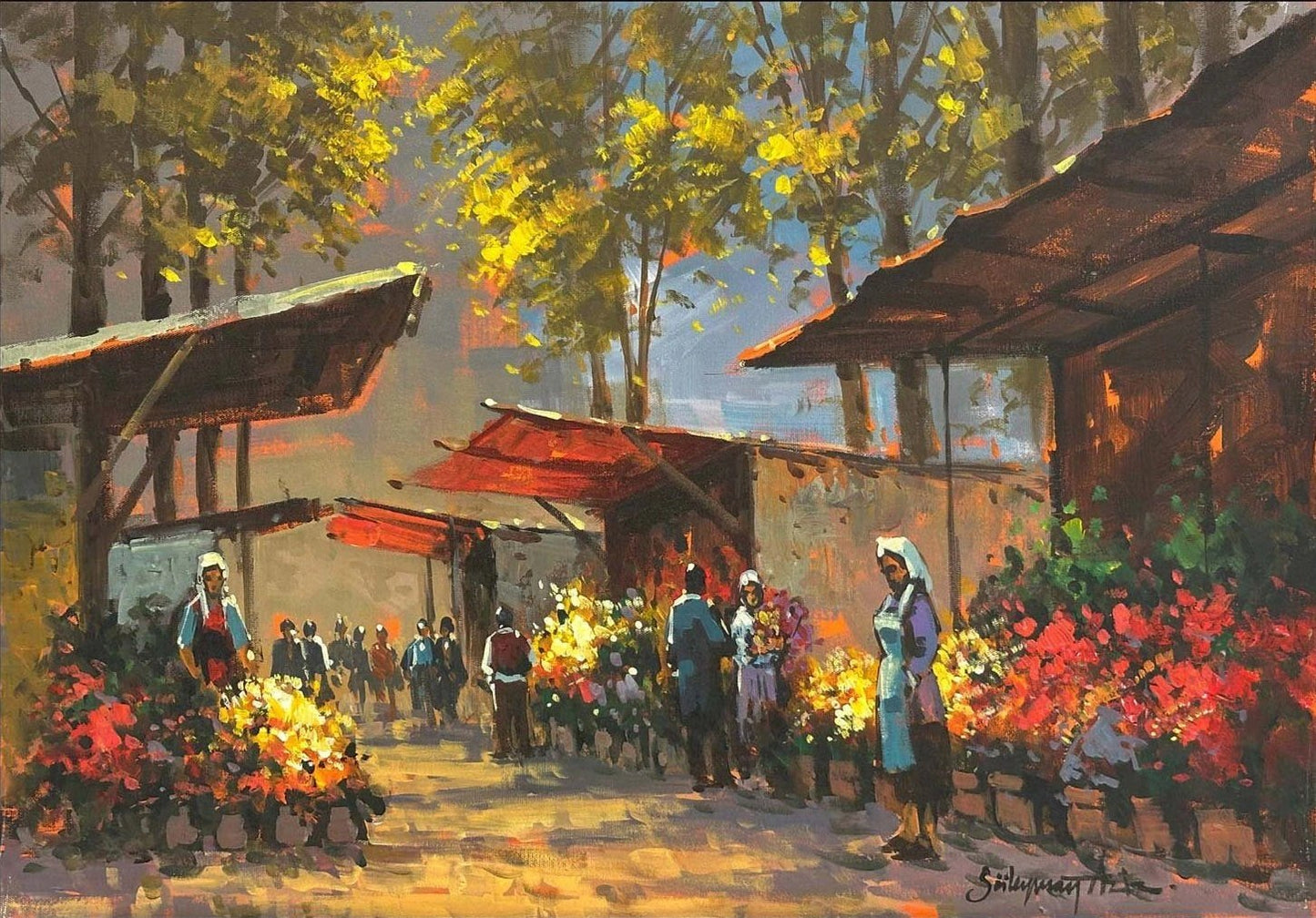 Çiçek Pazarında Gün Yağlı Boya Tablosu