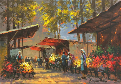 Çiçek Pazarında Gün Yağlı Boya Tablosu