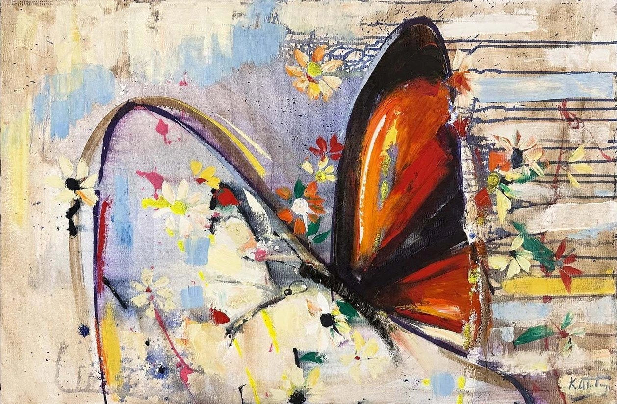 Çiçekler ve Kelebek Yağlı Boya Tablosu