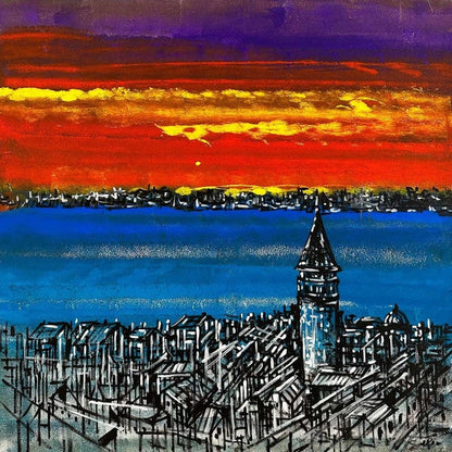 Çizgisel Işık Galata'nın Büyüsü Yağlı Boya Tablosu