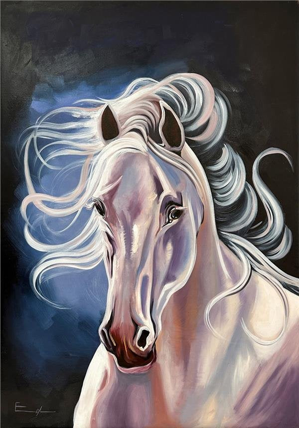 Beyaz Atın Zarafeti Yağlı Boya Tablosu