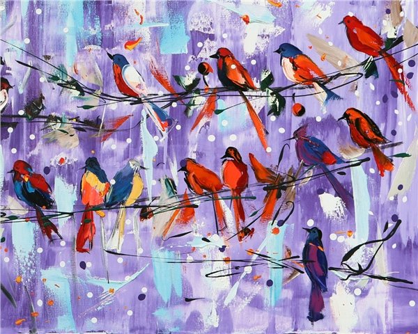 Renkli Kuşların Şarkısı Yağlı Boya Tablosu