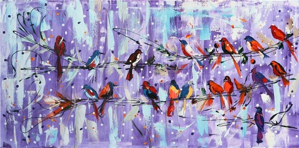 Renkli Kuşların Şarkısı Yağlı Boya Tablosu