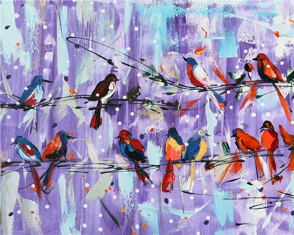 Renkli Kuşların Şarkısı Yağlı Boya Tablosu