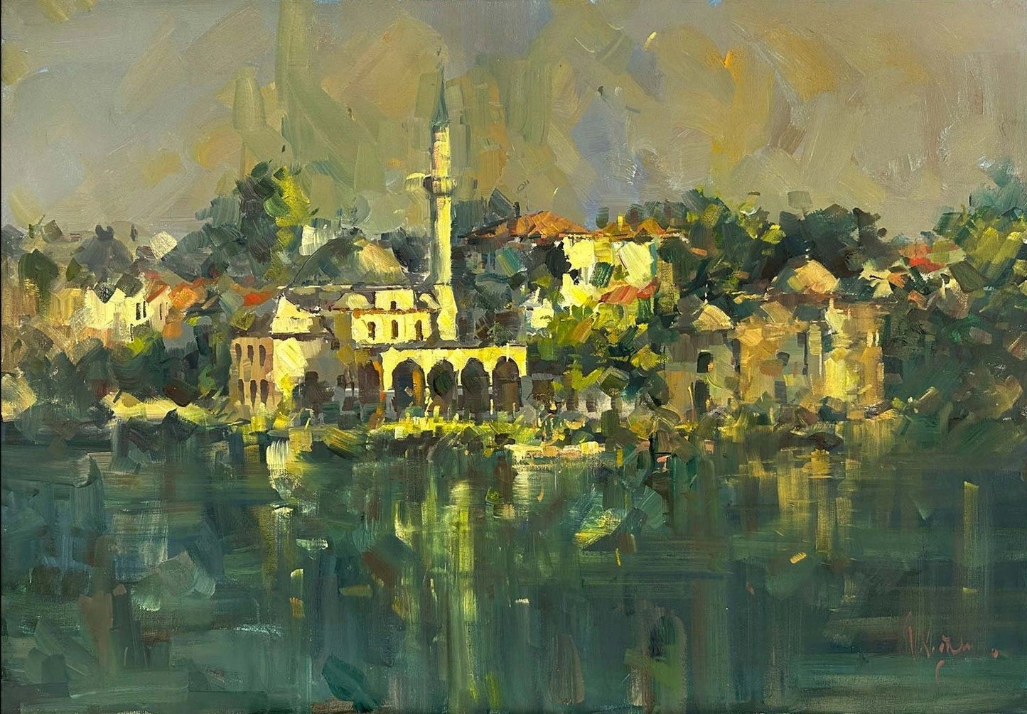 Deniz Manzaralı Cami Yağlı Boya Tablosu