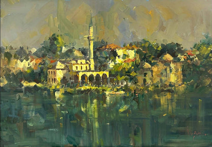 Deniz Manzaralı Cami Yağlı Boya Tablosu
