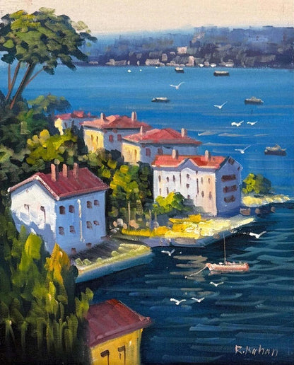 Denize Açılan Yalılar Yağlı Boya Tablosu