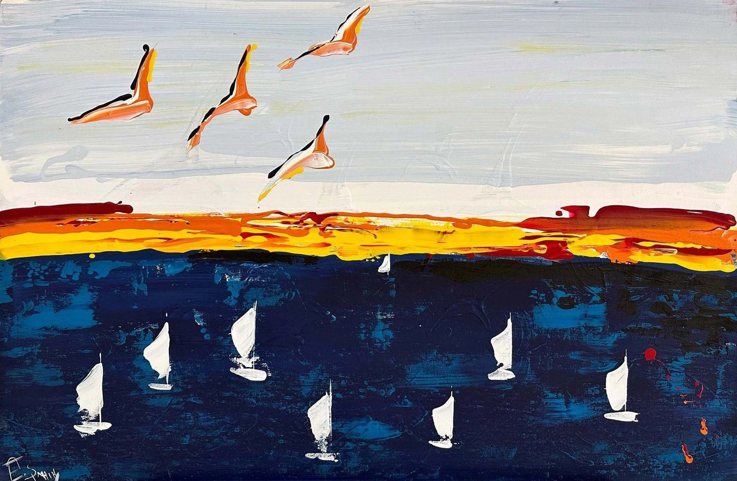 Denizin Kucağında Soyut Kanatlar Yağlı Boya Tablosu