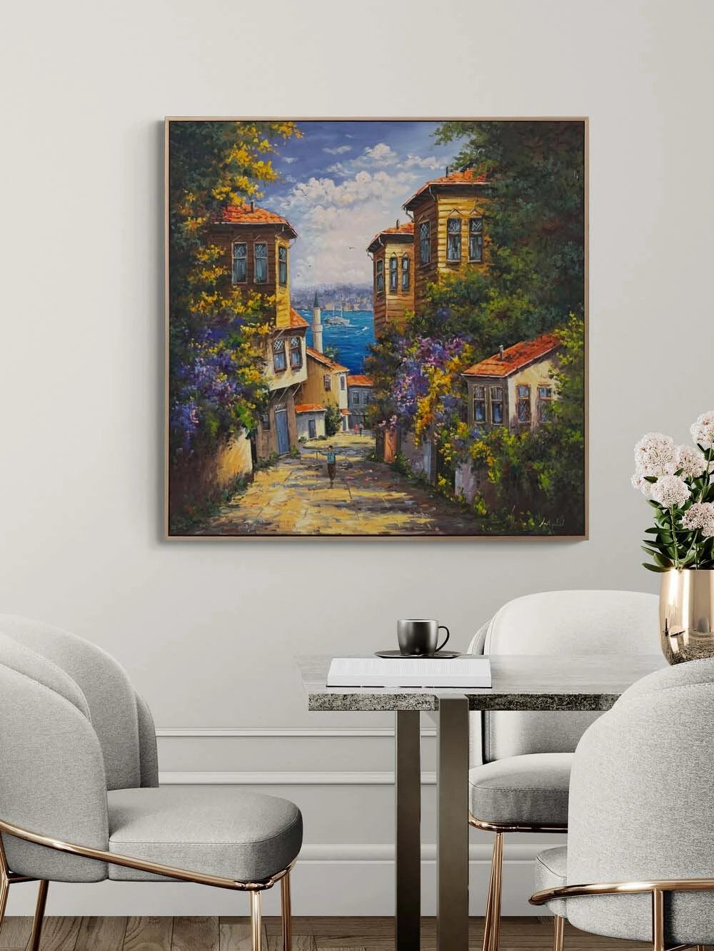 Denizle Buluşan Evler Yağlı Boya Tablosu