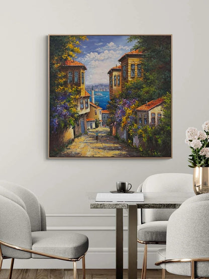 Denizle Buluşan Evler Yağlı Boya Tablosu