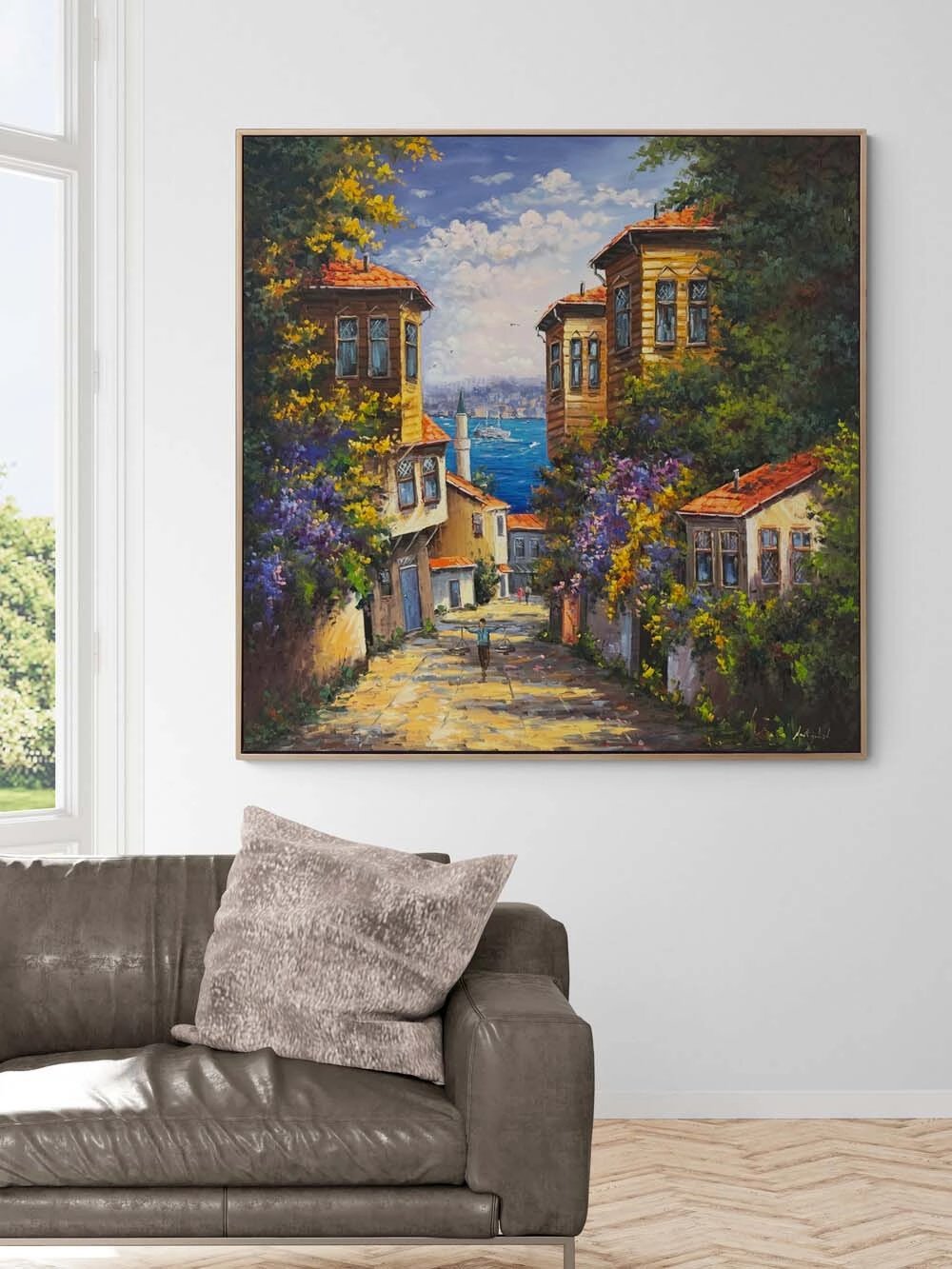 Denizle Buluşan Evler Yağlı Boya Tablosu