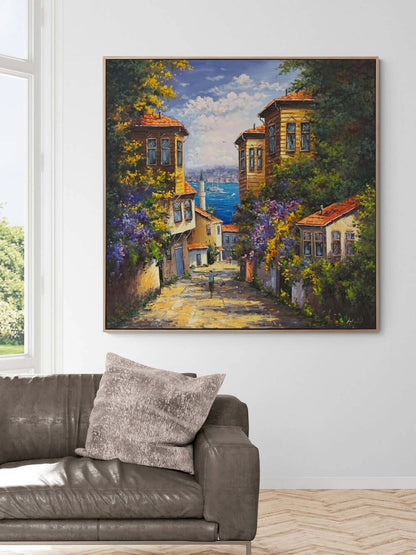 Denizle Buluşan Evler Yağlı Boya Tablosu