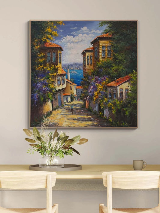 Denizle Buluşan Evler Yağlı Boya Tablosu