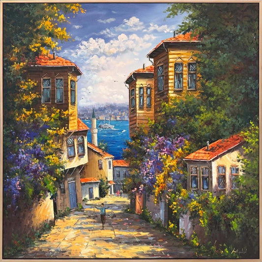 Denizle Buluşan Evler Yağlı Boya Tablosu