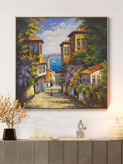 Denizle Buluşan Evler Yağlı Boya Tablosu