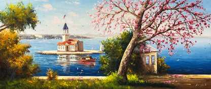 Erguvan Zamanında Kız Kulesi Yağlı Boya Tablosu