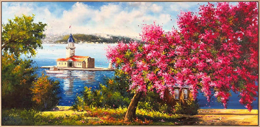 Erguvanlar İçinde Kız Kulesi Yağlı Boya Tablosu