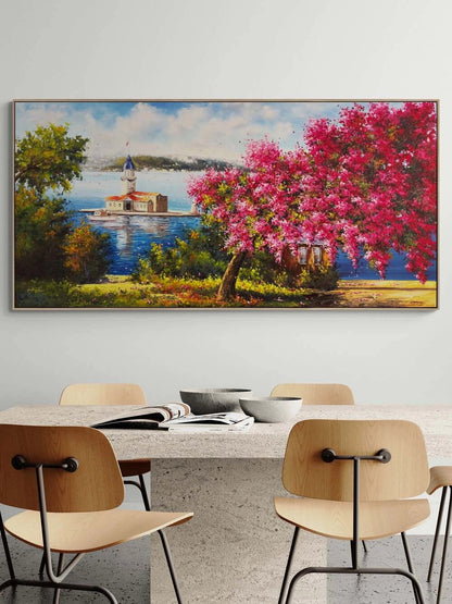 Erguvanlar İçinde Kız Kulesi Yağlı Boya Tablosu