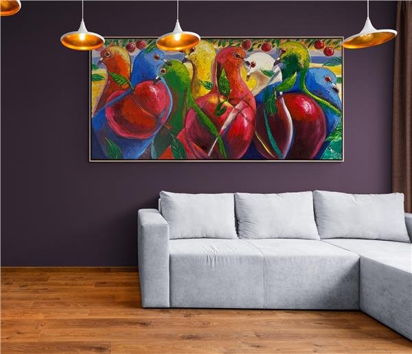 Güvercinlerin Renkli Ahengi Yağlı Boya Tablosu