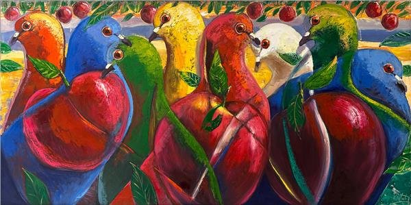 Güvercinlerin Renkli Ahengi Yağlı Boya Tablosu