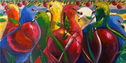 Güvercinlerin Renkli Ahengi Yağlı Boya Tablosu