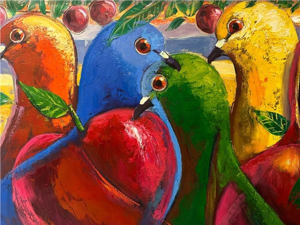 Güvercinlerin Renkli Ahengi Yağlı Boya Tablosu