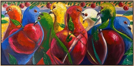 Güvercinlerin Renkli Ahengi Yağlı Boya Tablosu