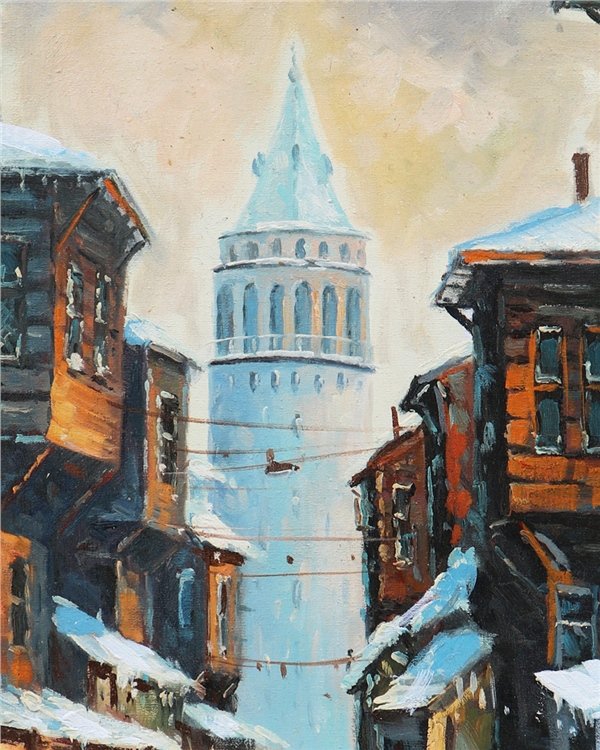 Galata Kulesi Kar Zamanı Yağlı Boya Tablosu
