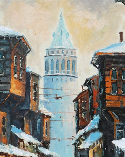 Galata Kulesi Kar Zamanı Yağlı Boya Tablosu