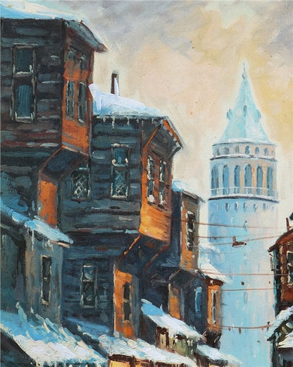 Galata Kulesi Kar Zamanı Yağlı Boya Tablosu