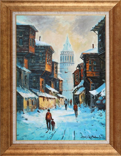 Galata Kulesi Kar Zamanı Yağlı Boya Tablosu