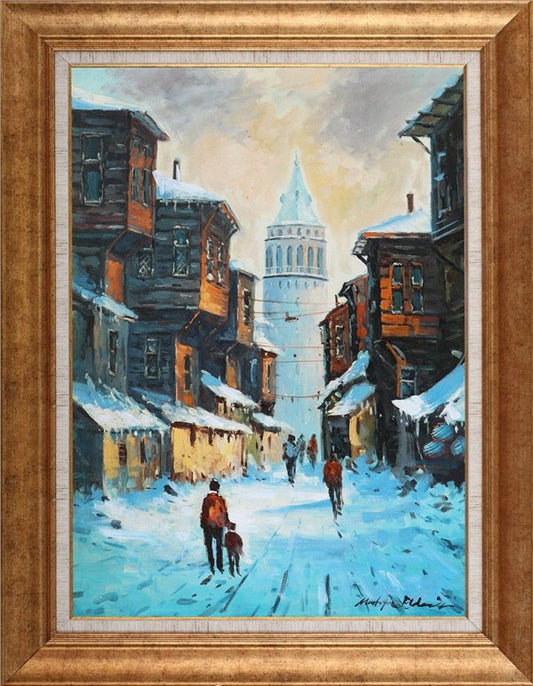 Galata Kulesi Kar Zamanı Yağlı Boya Tablosu